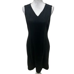 J. McLaughlin faux suede leather trim Black v neck Midi sleeveless dress medium